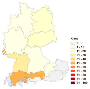 Relative Auftretenshäufigkeit von Krane innerhalb der einzelnen Areale im Verhältnis zu Kräne (in %)