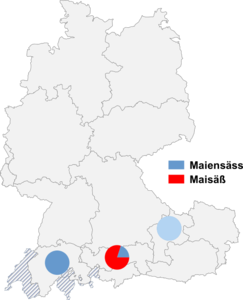 Relative Auftretenshäufigkeit von Maiensäss / Maisäß innerhalb der einzelnen Areale
