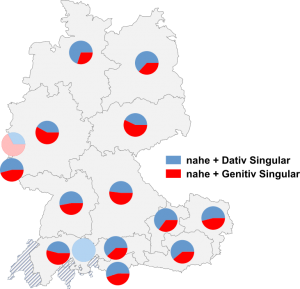 Relative Auftretenshäufigkeit von nahe + Dativ Singular / nahe + Genitiv Singular innerhalb der einzelnen Areale