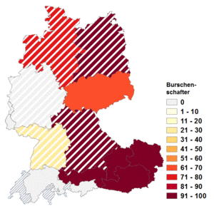 Relative Auftretenshäufigkeit von Burschenschafter innerhalb der einzelnen Areale im Verhältnis zu Burschenschaftler (in %)