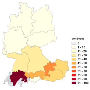 Relative Auftretenshäufigkeit von der Event innerhalb der einzelnen Areale im Verhältnis zu das Event (in %)