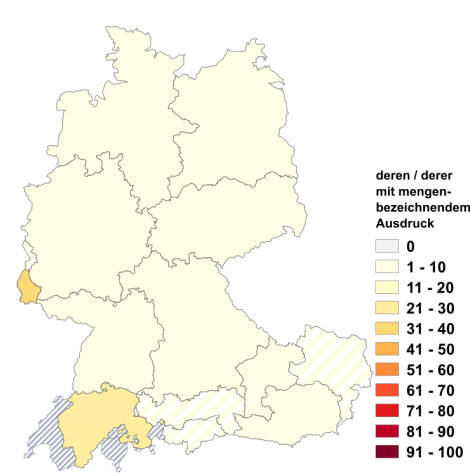 Relative Auftretenshäufigkeit von 'deren, derer mit mengenbezeichnendem Ausdruck innerhalb der einzelnen Areale im Verhältnis zum Gesamtvorkommen in allen Arealen (in %)