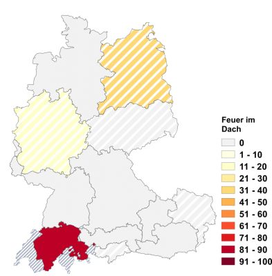 Relative Auftretenshäufigkeit von Feuer im Dach innerhalb der einzelnen Areale im Verhältnis zu Feuer am Dach und Feuer unter dem bzw. unterm Dach (in %)