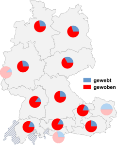 Relative Auftretenshäufigkeit von gewebt / gewoben innerhalb der einzelnen Areale