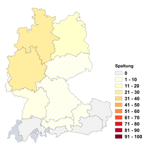 Relative Auftretenshäufigkeit von Spaltung innerhalb der einzelnen Areale im Verhältnis zum Gesamtvorkommen in allen Arealen (in %)
