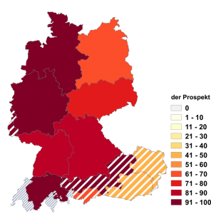 Relative Auftretenshäufigkeit von der Prospekt innerhalb der einzelnen Areale im Verhältnis zu das Prospekt (in %)