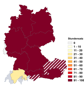 Relative Auftretenshäufigkeit von Stundensatz innerhalb der einzelnen Areale im Verhältnis zu Stundenansatz (in %)