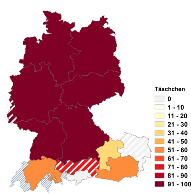 Relative Auftretenshäufigkeit von Täschchen innerhalb der einzelnen Areale im Verhältnis zu Tascherl und Täschli (in %)