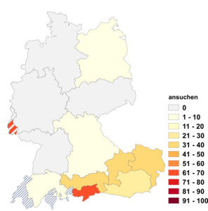 Relative Auftretenshäufigkeit von ansuchen innerhalb der einzelnen Areale im Verhältnis zu ersuchen (in %)