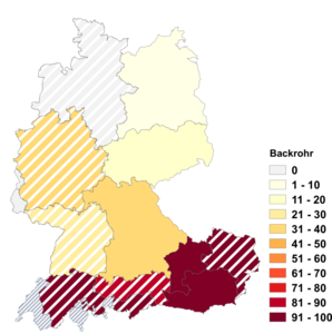 Relative Auftretenshäufigkeit von Backrohr innerhalb der einzelnen Areale im Verhältnis zu Backröhre (in %)