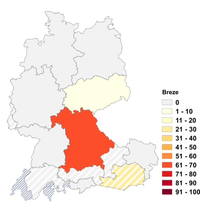 Relative Auftretenshäufigkeit von Breze innerhalb der einzelnen Areale im Verhältnis zu Brezel und Brezn (in %)