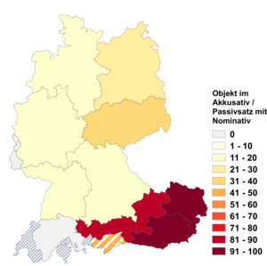 Relative Auftretenshäufigkeit von kündigen mit Akkusativobjekt innerhalb der einzelnen Areale im Verhältnis zu kündigen mit Dativobjekt (in %)
