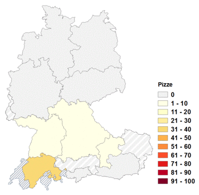 Relative Auftretenshäufigkeit von Pizze innerhalb der einzelnen Areale im Verhältnis zu Pizzas und Pizzen (in %)