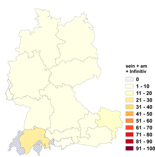Relative Auftretenshäufigkeit von sein + am + Infinitiv innerhalb der einzelnen Areale im Verhältnis zum Gesamtvorkommen in allen Arealen (in %)