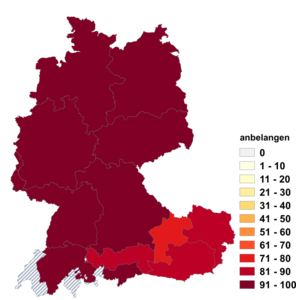 Relative Auftretenshäufigkeit von anbelangen innerhalb der einzelnen Areale im Verhältnis zu anlangen (in %)