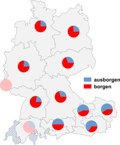 Relative Auftretenshäufigkeit von ausborgen / borgen innerhalb der einzelnen Areale