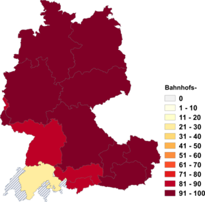 Relative Auftretenshäufigkeit von Bahnhofs- innerhalb der einzelnen Areale im Verhältnis zu Bahnhof- (in %)