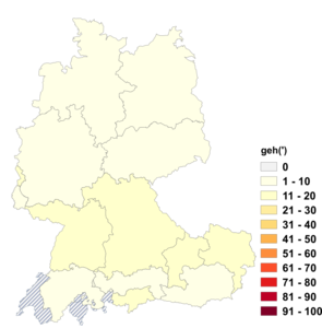 Relative Auftretenshäufigkeit von geh(') innerhalb der einzelnen Areale im Verhältnis zu gehe (in %)