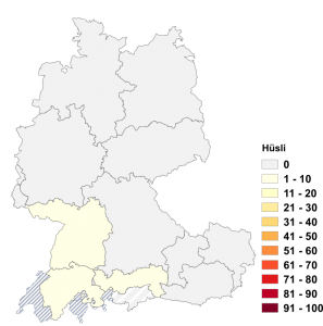 Relative Auftretenshäufigkeit von Hüsli innerhalb der einzelnen Areale im Verhältnis zu Häuschen, Häusl und Häusle (in %)