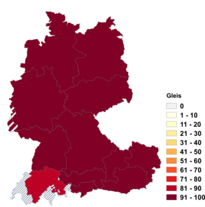 Relative Auftretenshäufigkeit von Gleis innerhalb der einzelnen Areale im Verhältnis zu Geleise (in %)