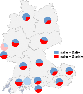 Relative Auftretenshäufigkeit von nahe + Dativ / nahe + Genitiv innerhalb der einzelnen Areale