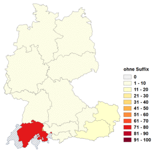 Relative Auftretenshäufigkeit von ohne Suffix innerhalb der einzelnen Areale im Verhältnis zu -ung (in %)