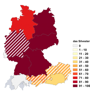 Relative Auftretenshäufigkeit von das Silvester innerhalb der einzelnen Areale im Verhältnis zu der Silvester (in %)