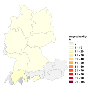 Relative Auftretenshäufigkeit von Angeschuldigte innerhalb der einzelnen Areale im Verhältnis zu Beschuldigte (in %)