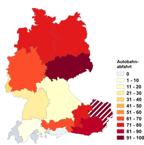 Relative Auftretenshäufigkeit von Autobahnabfahrt innerhalb der einzelnen Areale im Verhältnis zu Autobahnausfahrt (in %)