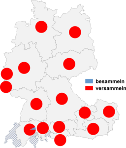 Relative Auftretenshäufigkeit von besammeln / versammeln innerhalb der einzelnen Areale