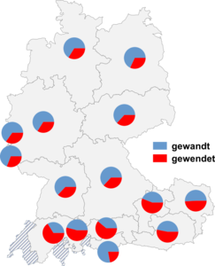 Relative Auftretenshäufigkeit von gewandt / gewendet innerhalb der einzelnen Areale