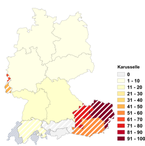 Relative Auftretenshäufigkeit von Karusselle innerhalb der einzelnen Areale im Verhältnis zu Karussells (in %)
