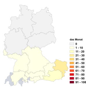 Relative Auftretenshäufigkeit von das Monat innerhalb der einzelnen Areale im Verhältnis zu der Monat (in %)