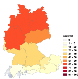 Relative Auftretenshäufigkeit von nochmal innerhalb der einzelnen Areale im Verhältnis zu nochmals (in %)