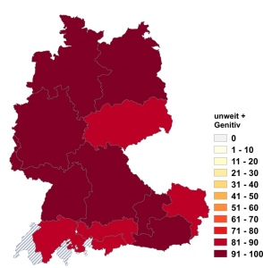Relative Auftretenshäufigkeit von unweit + Genitiv innerhalb der einzelnen Areale im Verhältnis zu unweit + von + Dativ (in %)