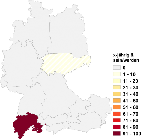 Relative Auftretenshäufigkeit von x-jährig + sein/werden innerhalb der einzelnen Areale im Verhältnis zum Gesamtvorkommen in allen Arealen (in %)
