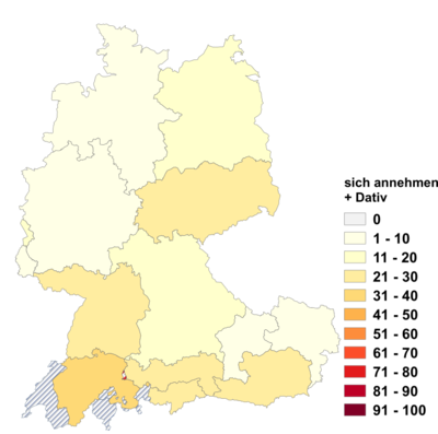 Relative Auftretenshäufigkeit von sich annehmen mit Dativobjekt innerhalb der einzelnen Areale im Verhältnis zu sich annehmen mit Genitivobjekt und sich annehmen mit um (in %)