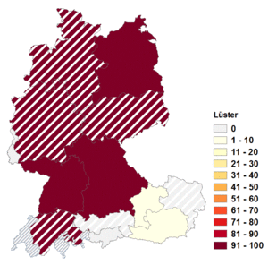 Relative Auftretenshäufigkeit von Lüster innerhalb der einzelnen Areale im Verhältnis zu Luster (in %)