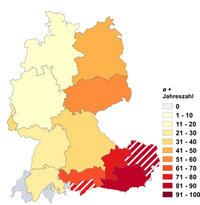 Relative Auftretenshäufigkeit von ø + Jahreszahl innerhalb der einzelnen Areale im Verhältnis zu im + Jahreszahl und in + Jahreszahl (in %)