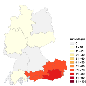 Relative Auftretenshäufigkeit von zurücklegen innerhalb der einzelnen Areale im Verhältnis zu niederlegen (in %)