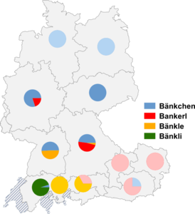 Relative Auftretenshäufigkeit von Bänkchen / Bankerl / Bänkle und Bänkli innerhalb der einzelnen Areale