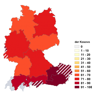 Relative Auftretenshäufigkeit von der Kosovo innerhalb der einzelnen Areale im Verhältnis zu das Kosovo (in %)
