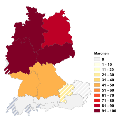 Relative Auftretenshäufigkeit von Maronen innerhalb der einzelnen Areale im Verhältnis zu Maroni und Marroni (in %)