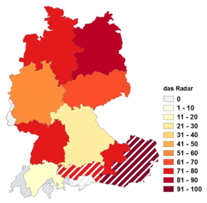 Relative Auftretenshäufigkeit von das Radar innerhalb der einzelnen Areale im Verhältnis zu der Radar (in %)