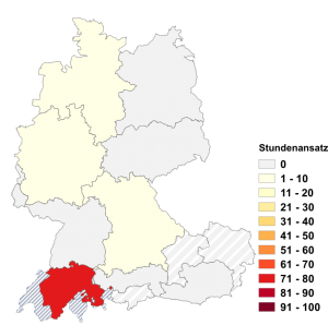 Relative Auftretenshäufigkeit von Stundenansatz innerhalb der einzelnen Areale im Verhältnis zu Stundensatz (in %)