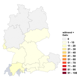 Relative Auftretenshäufigkeit von während + Dativ innerhalb der einzelnen Areale im Verhältnis zu während + Genitiv (in %)