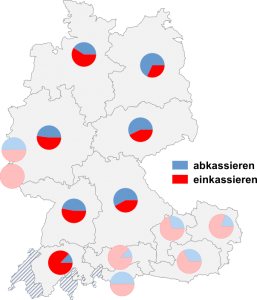 Relative Auftretenshäufigkeit von abkassieren / einkassieren innerhalb der einzelnen Areale
