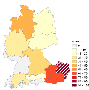 Relative Auftretenshäufigkeit von abnorm innerhalb der einzelnen Areale im Verhältnis zu abnormal, anormal und unnormal (in %)