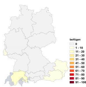 Relative Auftretenshäufigkeit von beifügen innerhalb der einzelnen Areale im Verhältnis zu hinzufügen (in %)