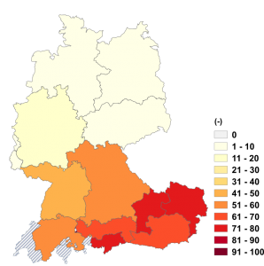 Relative Auftretenshäufigkeit von (-) innerhalb der einzelnen Areale im Verhältnis zu -e (in %)